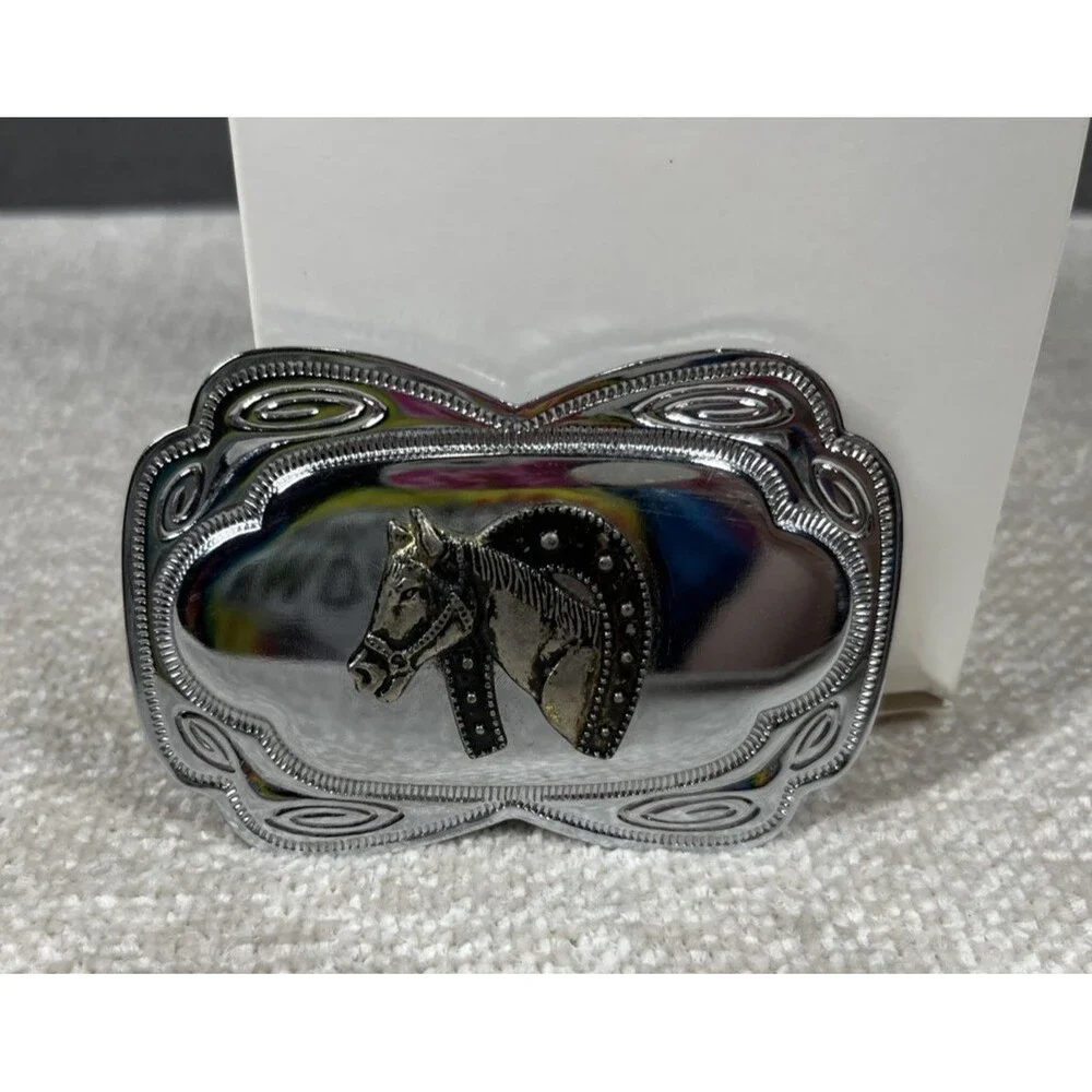 Horse Head Belt Buckle Lucky Horseshoe Chrome Brass Western Vintage
